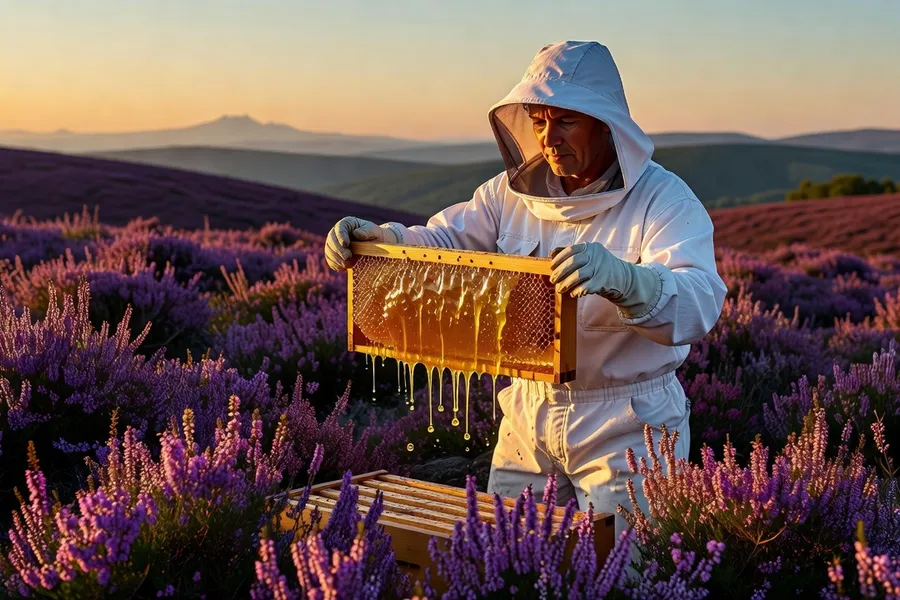 Producteur de miel du plateau des Combrailles avec ruches, bruyères en fleurs