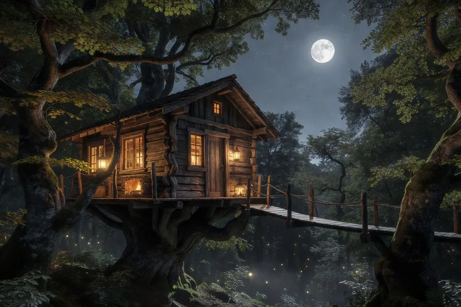 Cabane dans les arbres en forêt de hêtres des Combrailles, Cisternes-la-Forêt