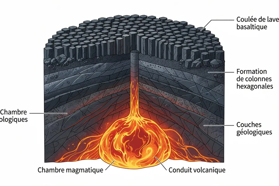 Schéma pédagogique coulée basaltique vue coupe géologique Auvergne
