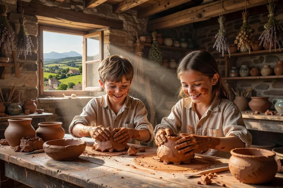Enfants en atelier poterie artisanale dans une ferme des Combrailles