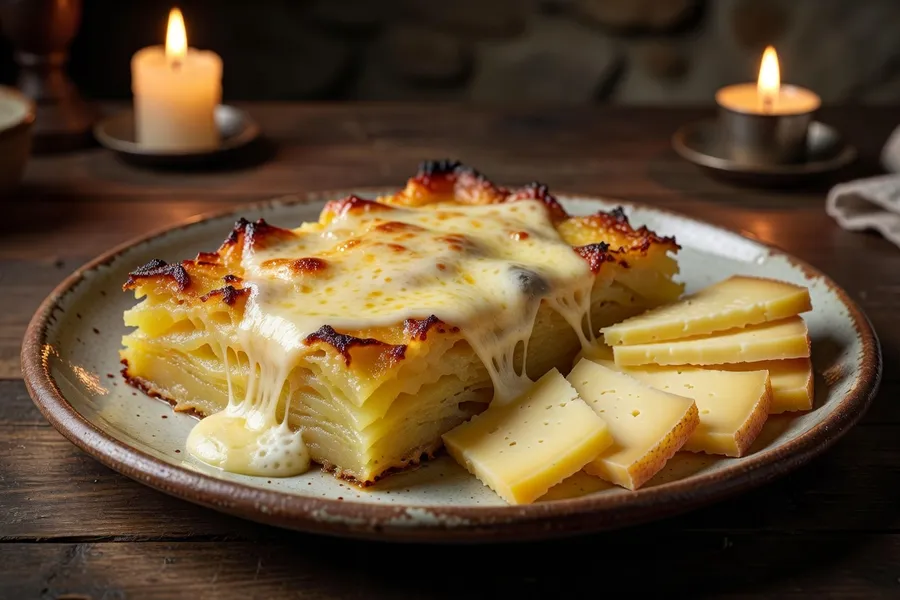 Assiette gastronomique avec truffade et fromages locaux Auvergne