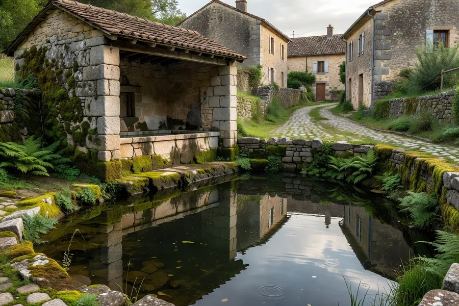 Croix de chemin en granit sculpté aux abords d’un village des Combrailles