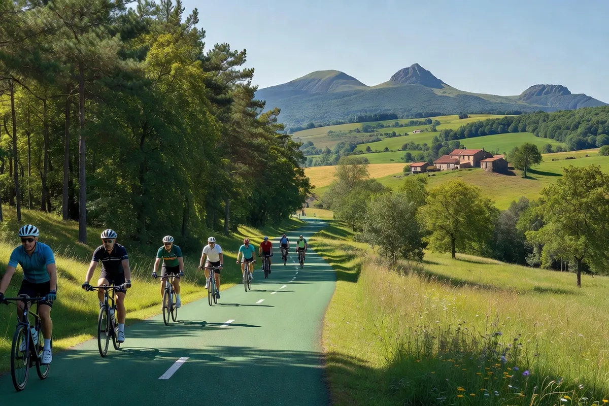 Cycliste sur une route de crête des Combrailles avec vue sur les gorges de la Sioule