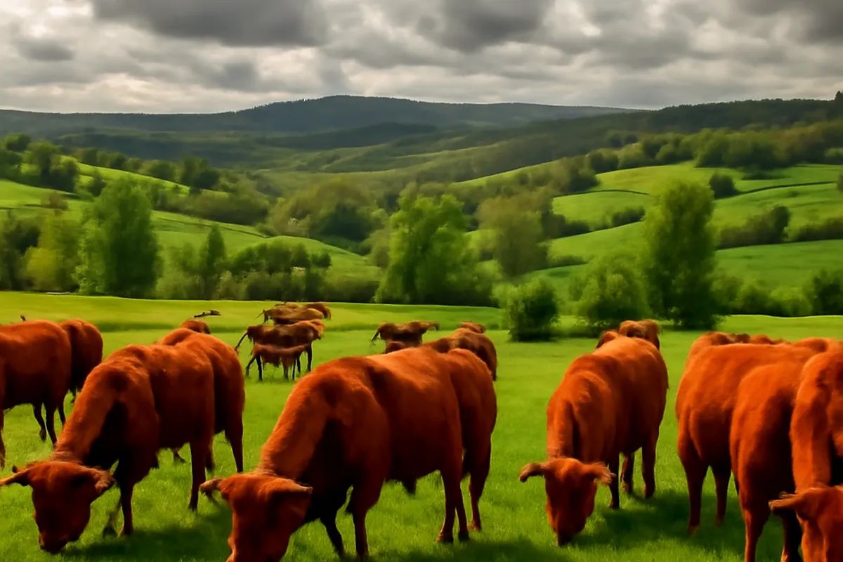 Éleveur avec des vaches Salers dans un paysage bocager des Combrailles