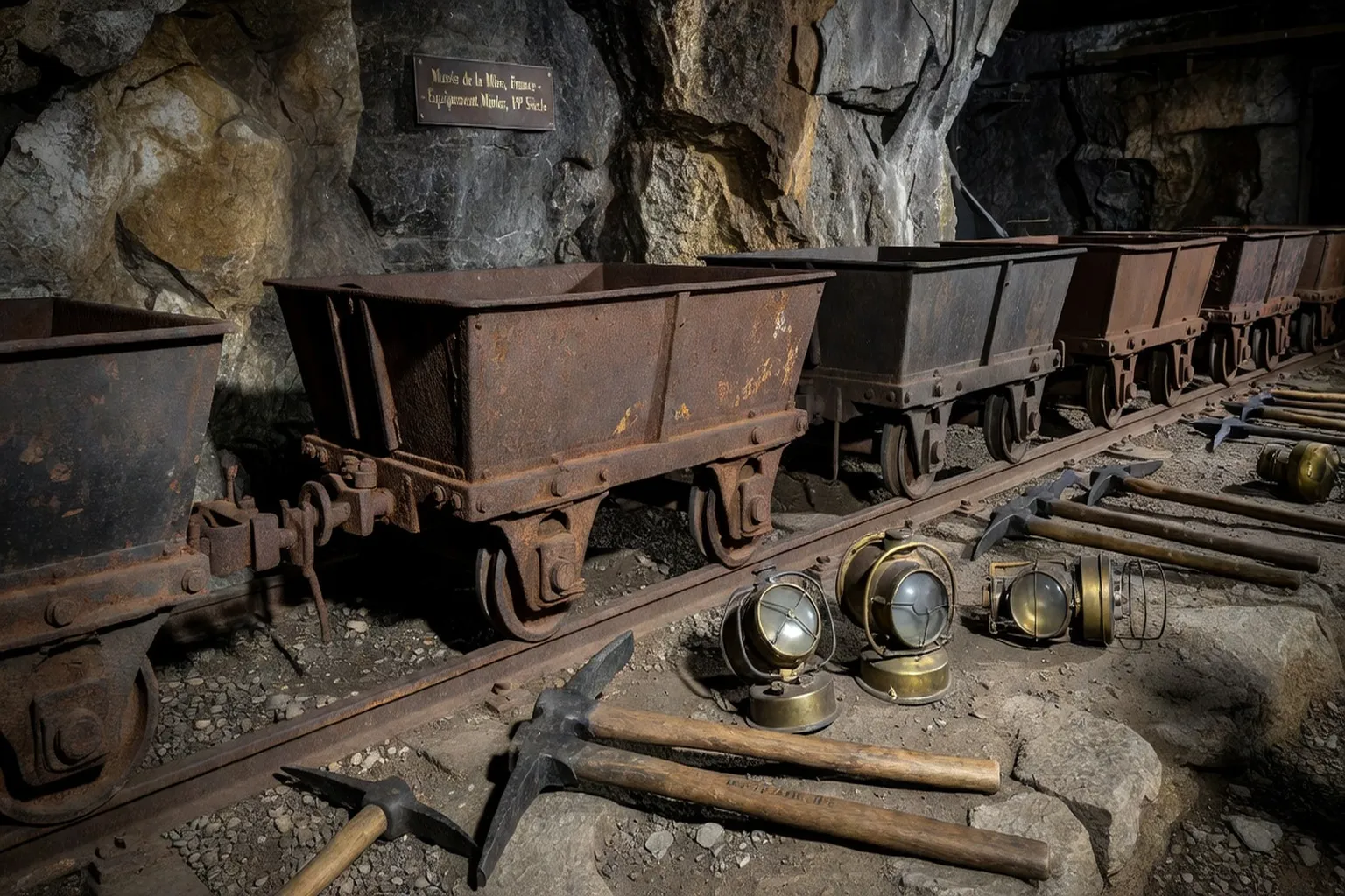 Détail de matériel minier ancien, wagonnets et galerie reconstituée Messeix
