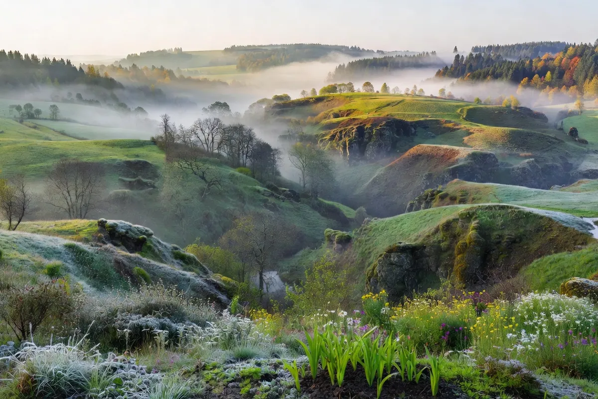 Paysage des Combrailles sous un ciel changeant illustrant les saisons