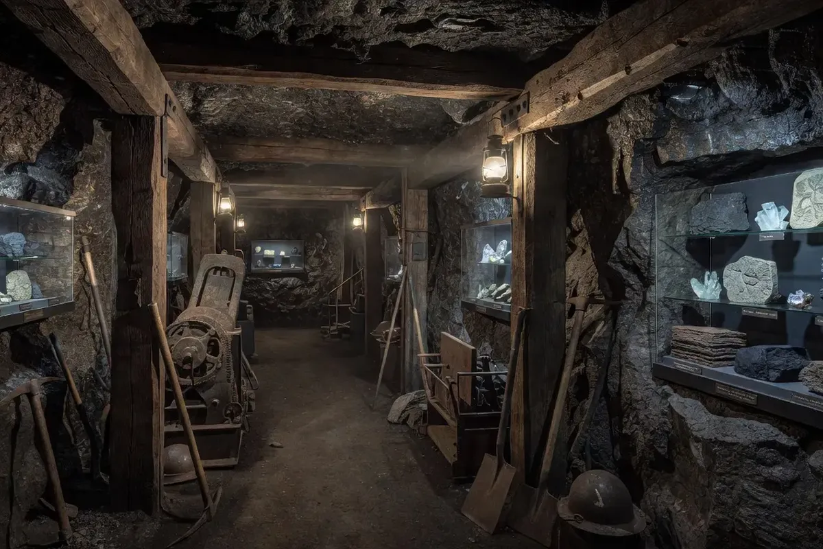 Galerie souterraine du musée Minérail de Messeix avec rail et wagon minier