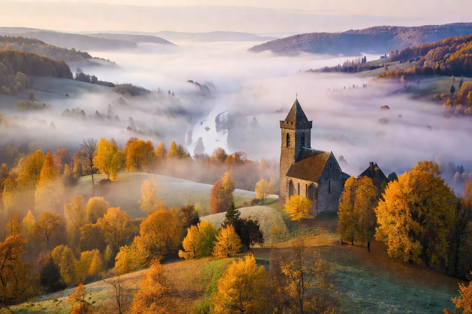 Vue panoramique des Combrailles en automne, lac et forêts dorées